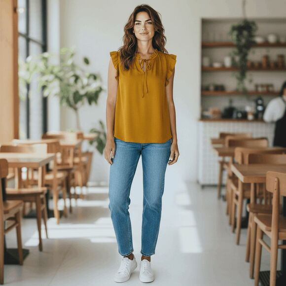 cupcakes & cashmere Tops - Cupcakes and Cashmere Gold Sleeveless Blouse Ruffle Detail Tie Neck Size Medium
